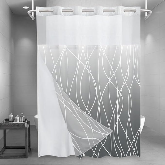 No Hook Ombre Grey Striped Long Shower Curtain with Snap in Liner Set - Hotel Shower Curtain and Liner Set with See Through Mesh Top Window,Machine Washable, 71x86 INCH