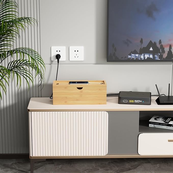Bamboo Cable Management Box, Medium Cord Organizer Box Cable Box to Hide Wires & Power Strips for Desktop Storage Cord Holder for Office Home,No Assembley Required