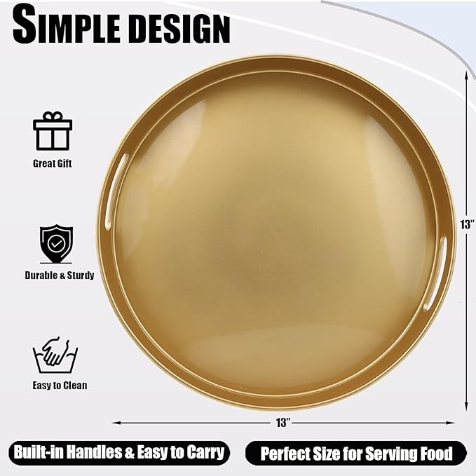 Gold Round Decorative Tray with Handles, 13" Elegant Coffee Table Serving Tray for Ottoman Living Room, Bathroom, Outdoors, Breakfast