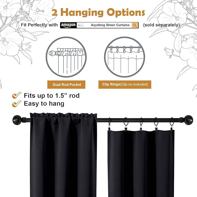 Aiyufeng Halloween Black Short 36 Inches Blackout Curtain 2 Panels Set, Half Window Rod Pocket Privacy Curtain Tiers for Kitchen, Curtains Blackout for Bathroom Shades, W40 x L36 Inch, Black