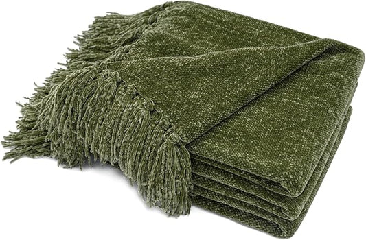 RECYCO Throw Blanket Soft Cozy Chenille Throw Blanket with Fringe Tassel for Couch Sofa Chair Bed Living Room Gift (Loden Green, 50'' x 60'')