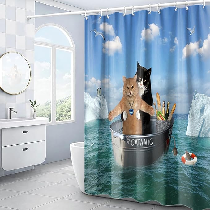 Domoku Cat Shower Curtain Funny Pet Kitten Couple Cosplay in Ocean Fun Cute Cat Bathroom Shower Curtains Polyster Fabric Waterproof with 12Hooks,72 * 84inch/180cm*210cm