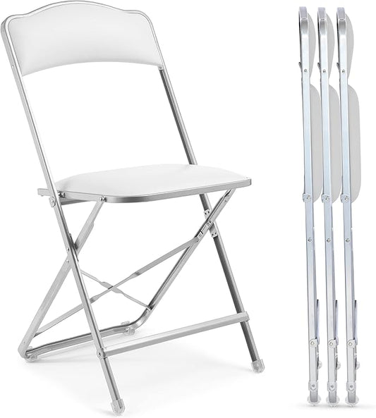 Folding Chairs with Padded Seats 4 Pack - Foldable Chair with Heavy-Duty Steel Frame, Elegant Party Bridge Chairs, Metal Folding Chair for Outside, Home, Office, Indoor Outdoor Events - Silver/ White