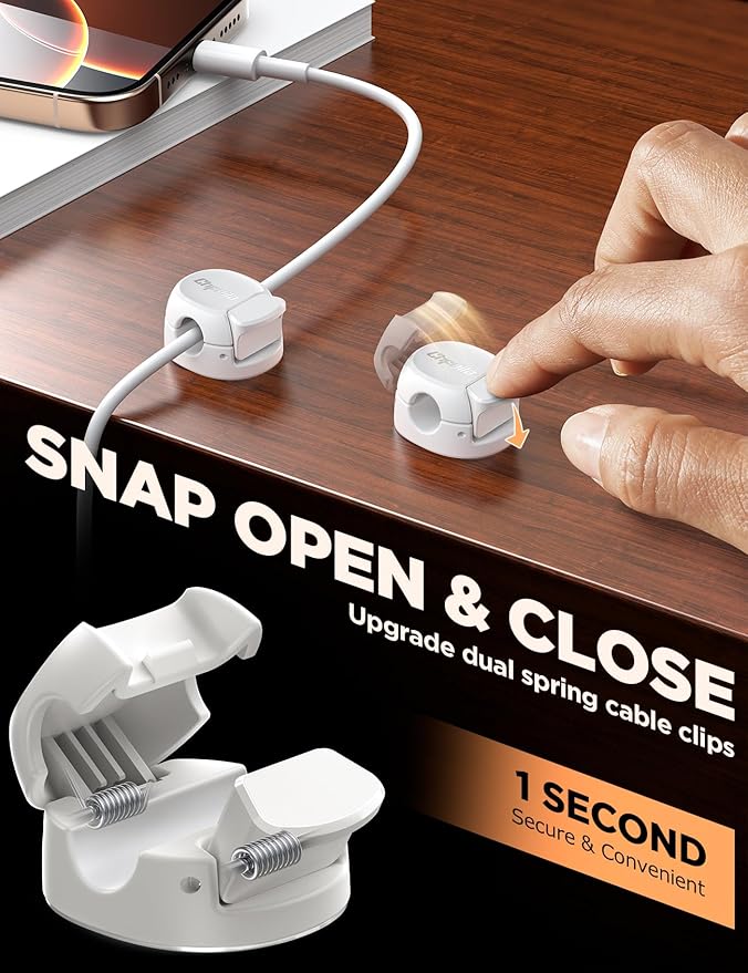 8Pack Cord Organizer [Dual Spring & Clasp] [Max Stability] Cable Clips, Chfeila Cord Holder, Desk Cable Management, Adhesive Wire Organizer for Home Office Desktop Nightstand Car Table Wall - White