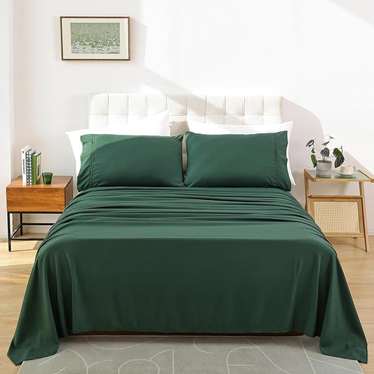 Whitney Home Textile Queen Sheet Set, Soft Microfiber Hotel Bed Sheets Queen Size, Extra Deep Pocket, Luxury Breathable Bedding Sheet & Pillowcase Sets, 4 Piece Wrinkle Free Oeko-Tex, Olive Green