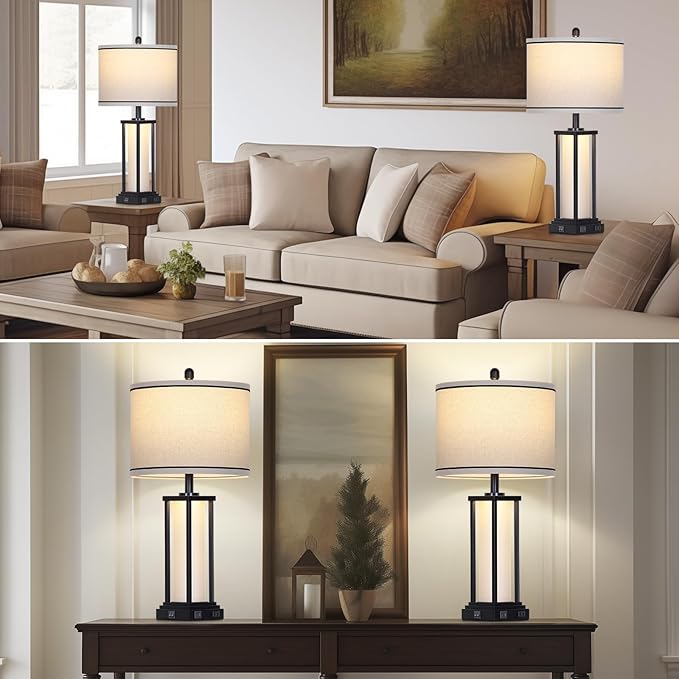 27" Tall Vintage Table Lamp Set of 2 with USB C+A & Outlet,Black Industrial End Table Lamp for Living Room,Farmhouse Rustic Bedside Lamps with Frosted Glass Night Light for Bedroom Nightstand,Black