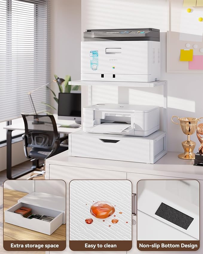 IBUYKE 2 Tier Desktop Printer Stand,Printer Table with Storage Shelf,Multi-Purpose Desk Organizer for Folders,Books,for Fax Machine, Scanner,Home Office,White TLJ015W