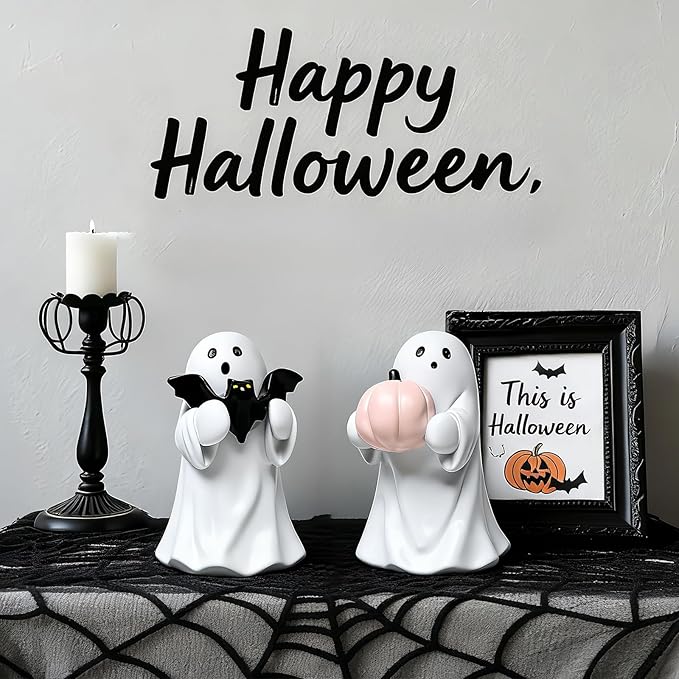 2Packs Halloween Ghost Figurine Decor,Cute Hallowen Statue for Home Decorative, Funny Spooky Hugging Pumpkins & Bats Figurine Hallowee Decor for Desk Office Table Centerpieces Ornament
