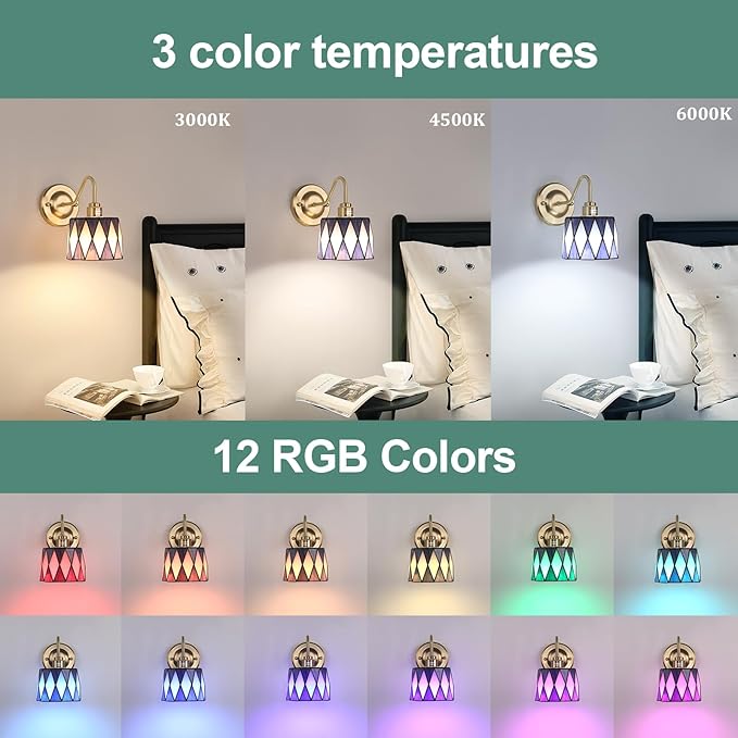 Vintage Battery Operated Wall Sconce Set of 2, 5000mAh Rechargeable Wall Lamp 12 RGB Colors Dimmable, Gold Lights Fixture for Bedroom Bathroom Living Room Hallway Twilight Blue Checker