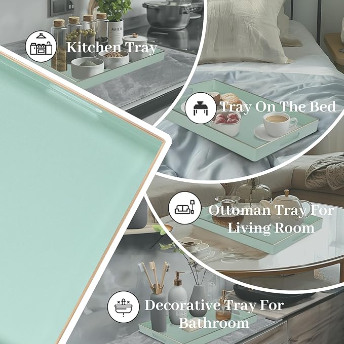 MAONAME Mint Green Serving Tray with Handles, Modern Decorative Trays for Coffee Table, Plastic Rectangular Trays for Ottoman, Bathroom, Decor, 15.8” x 10.2” x1.4