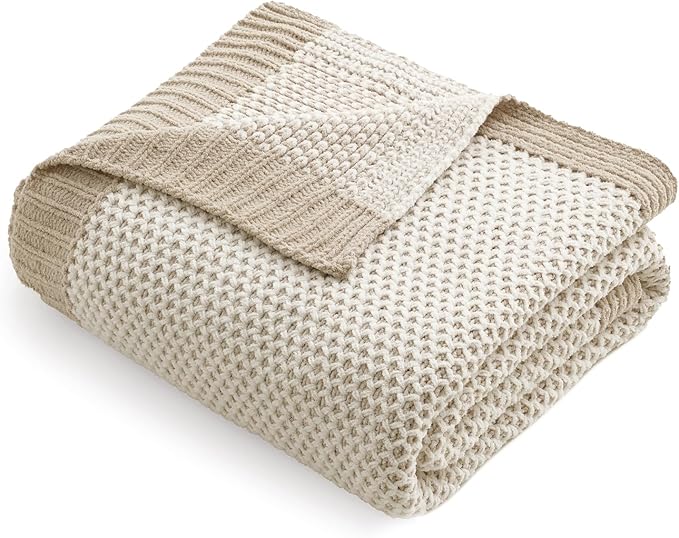Amélie Home Honeycomb Knit Throw Blanket for Couch, Dual-Sided Soft Chenille Decorative Blankets for Sofa & Chair, 50"x60", Khaki & White