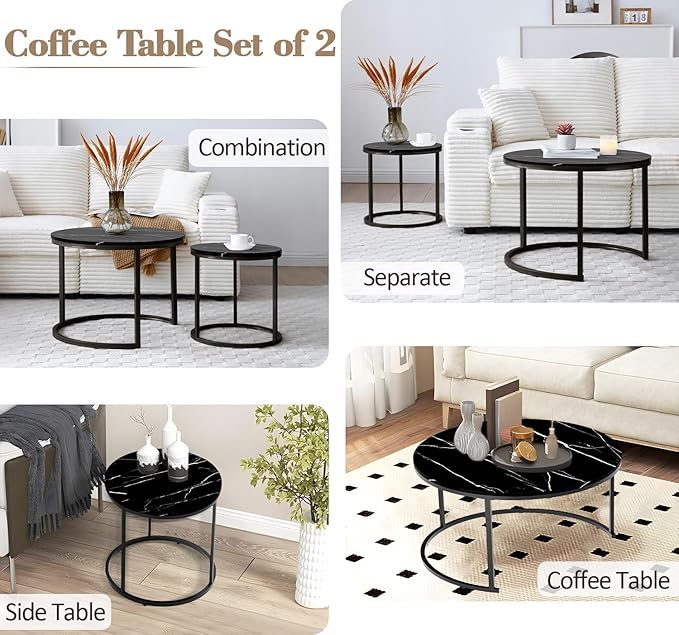 Round Coffee Table, Circle Nesting Coffee Tables for Living Room, Small Dining Center Space Saving Living Room Small Tables, Modern Center Table Dining Black, Modern Home Furniture