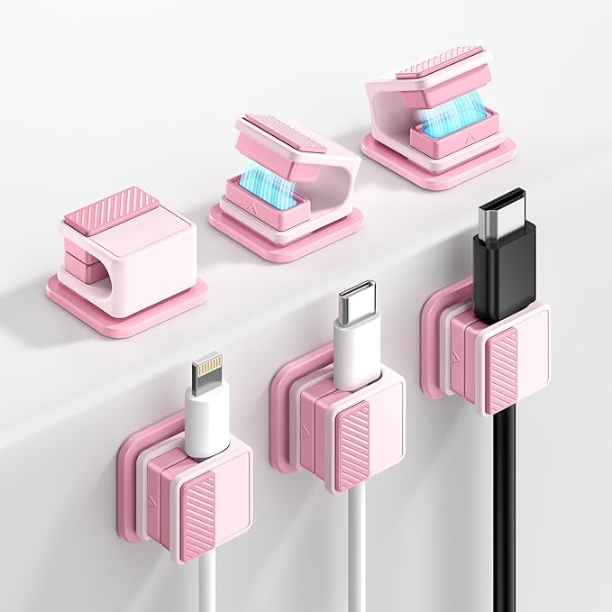 6 Pack Magnetic Cable Clips, Glow in The Dark Cable Holders, GolbinBox Cord Organizer with Shockproof Silicone, Fits up to 8mm Adhesive Cord Clips for Desk, Wall, Nightstand, Car, Home, Office, Pink