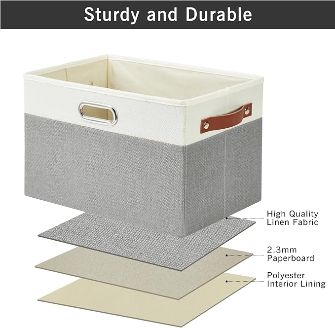 Large Collapsible Fabric Storage Bins with 3 Handles, Foldable Organizer Baskets for Closet, Shelves, Living Room | 3 Pack, Durable PU & Metal Handles (14.9"x9.8"x9.8", Gray & White)