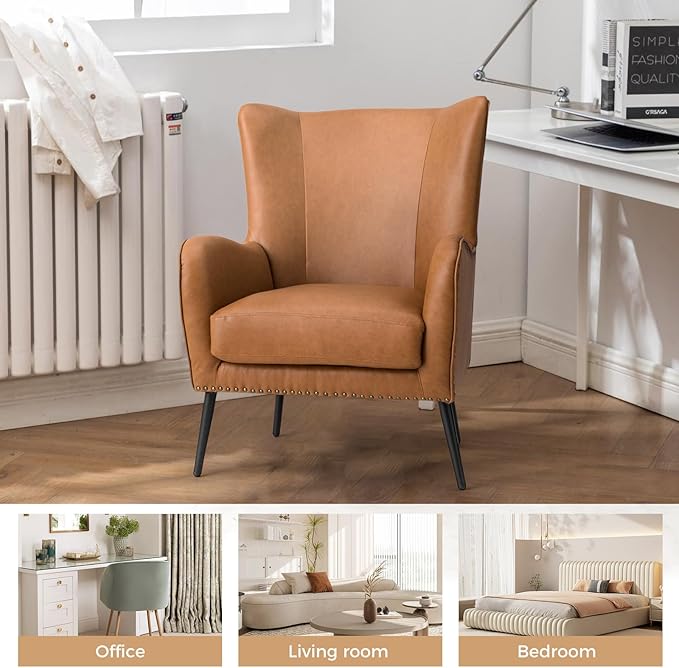 HULALA Home Faux Leather Accent Chair Set of 2 w/Removable Cushion, Comfy Upholstered Armchair with Metal Legs & Nailhead Trim Wingback Vanity Chair Desk Chair for Reading Living Room Bedroom, Camel