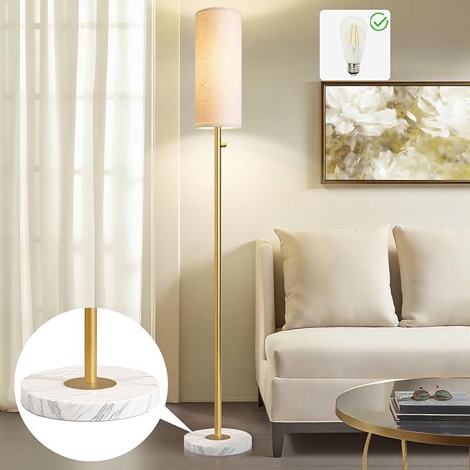 Gold Floor Lamp,Dimmable Floor Lamps for Living Room,Modern Standing Lamp with Marble Base,LED Bulb Included,Tall Floor Lamp for Bedroom, Living Room,Office,Reading and Nursery(Gold)