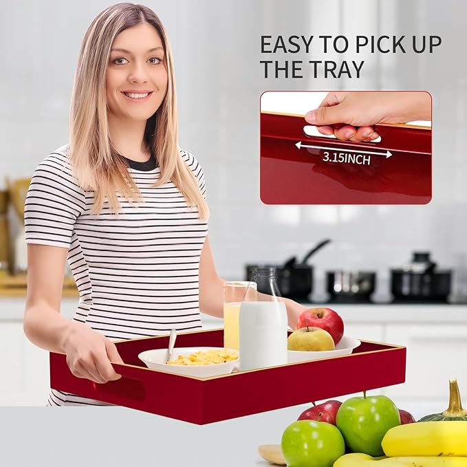 Sturdy Acrylic Serving Tray with Handles-15.7x11.8Inch, Morden Plastic Rectangular Serving Tray for Coffee Table Bathroom, Ottoman, Home Decor (Rectangular - Red)