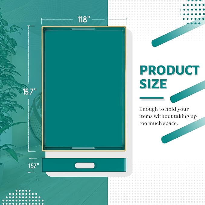 MAONAME Green Serving Tray with Handles, Rectangular Decorative Tray, Modern Coffee Table Trays, Plastic Ottoman Trays for Bathroom, Decor, 15.7” x 11.8” x 1.57"