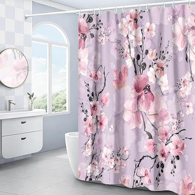 Domoku Pink Cherry Blossom Shower Curtain, Japanese Watercolor Flower Decoration Set, Easy Care Waterproof Machine Washed Durable Polyester Fabric, 72" x72"