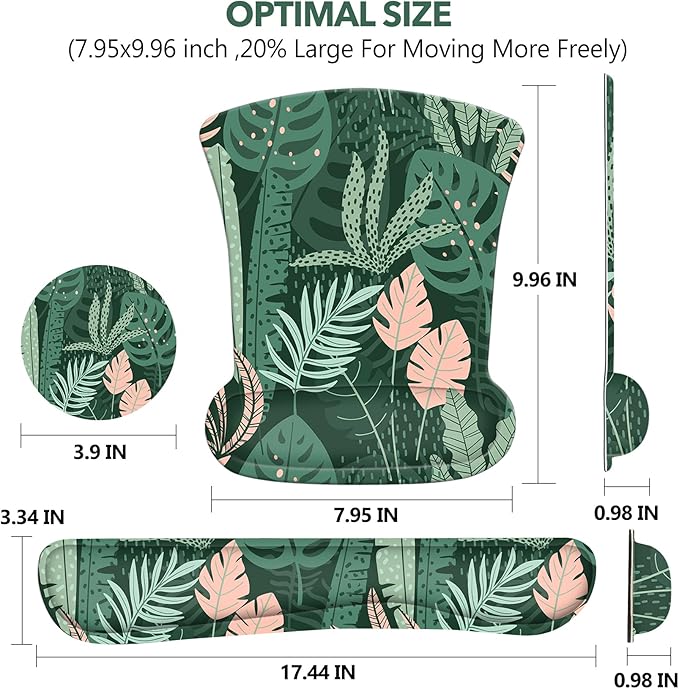 AIMSA Wrist Rest Support Mouse Pad Ergonomic, Memory Foam Keyboard Wrist Rest Set Non-Slip Easy Typing and Relieve Wrist Pain Mouse Mat for Computer Office - Pink Green Leaves