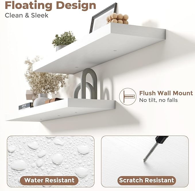 Floating Shelves for Wall with Invisible Brackets, Wall Mounted Engineered Wood Shelves with Wood Grain for Living Room, Bedroom, Bathroom, Kitchen Decor and Storage, Oak, 36"L Set of 2, White
