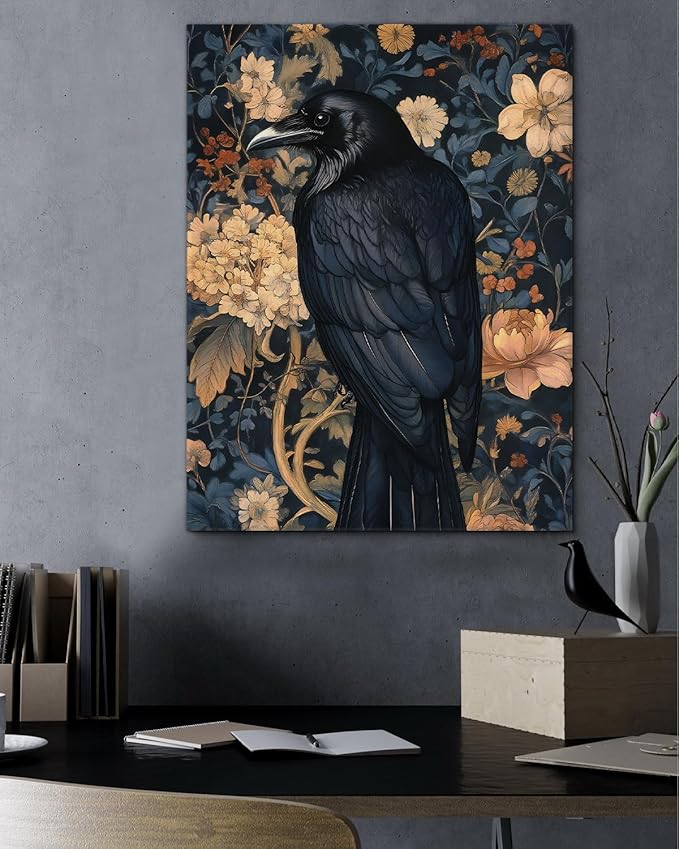 Aesthetic Raven Floral Wall Art Decor Vintage Raven Cottagecore Canvas Print Poster Dark Academia Framed Painting Wall Decoration for Home Farmhouse Living Room Bedroom 11x15 Inch