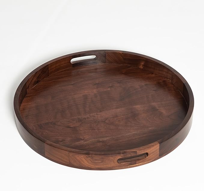 22 x 22 inches Round Ottoman Table Tray, Wooden Solid Black Walnut Circle Platter Decorative Serving Tray with Handle for Oversized Ottoman Home Breakfast in Bed Tea Coffee