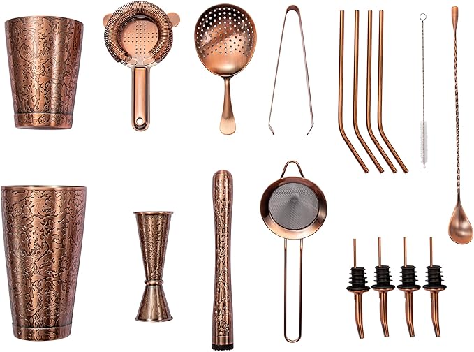 Sky Fish 3D Etched 18-Piece Bartender Kit Stainless Steel Boston Cocktail Shaker Set Copper Plated Bartending Tools Suit for Bar Tools Set Mixology Enthusiasts, Professional Bartenders and Home Drink