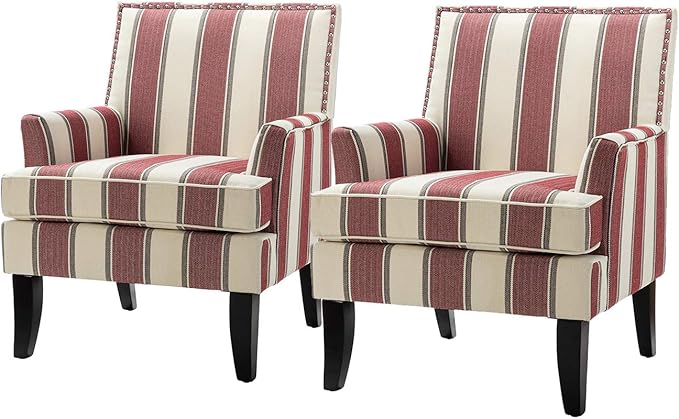 HULALA HOME Modern Accent Chairs Set of 2, Farmhouse High Back Striped Chairs with Wooden Legs & Nail Head Trim, Comfy Upholstered Armchairs for Living Room/Bedroom (Stripe Red)