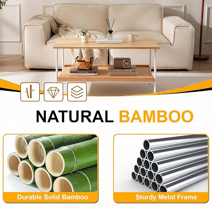 Bamboo 2 Layer Coffee Table - Tier Storage Mid Century Modern Farmhouse Center Table for Living Room, Bedroom, Office, Patio(Natural)