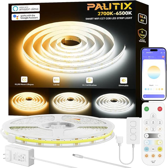 PAUTIX CCT COB LED Strip Light White Tunable 3200LEDs,CRI90+ 16.4ft/5m Dimmable 2700K-6500K 24V LED Tape Lights Kit,Work with Alexa/Google Assistant,for Under Cabinet Bedroom Kitchen DIY Lighting