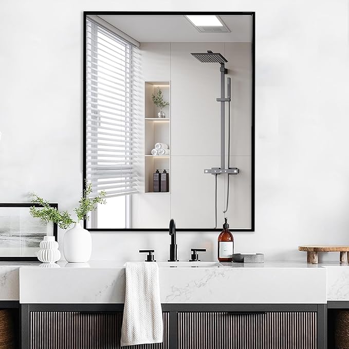 Black Bathroom Mirror 30x40, Rectangle Wall Mirror 30 x 40 inch, Metal Frame Mirror 40x30, Large Vanity Mirror 30 by 40, Modern Wall Mounted Mirrors, Hung in Horizontal or Vertical