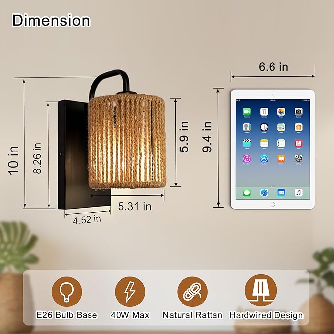 Boho Wall Sconce, Rattan Wall Light Fixtures with Hemp Rope Rustic Sconces for Living Room Bathroom Hallway Bohemian Modern Woven Scocne E26 10inch