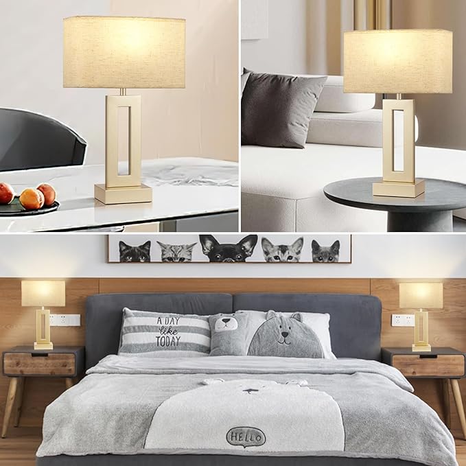 Bedroom Table Lamps Set of 2 - Beige Gold Touch Bedside Lamps with USB C+A, 3 Way Dimmable Gold Lamp for Nightstand, Modern Night Stands Lamps for Living Room