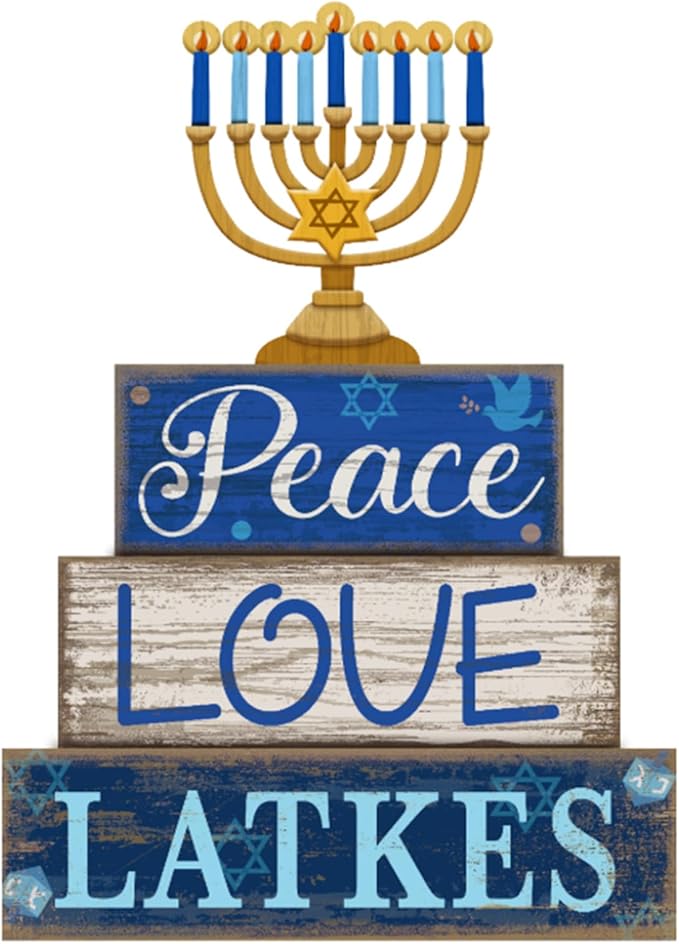 4 Pcs Hanukkah Decorations for Home Chanukah Table Decor Wooden Menorah Decoration Hanukkah Centerpiece Rustic Menorah Block Signs Jewish New Year Decoration for Home Tiered Tray Decor