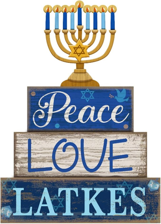 4 Pcs Hanukkah Decorations for Home Chanukah Table Decor Wooden Menorah Decoration Hanukkah Centerpiece Rustic Menorah Block Signs Jewish New Year Decoration for Home Tiered Tray Decor