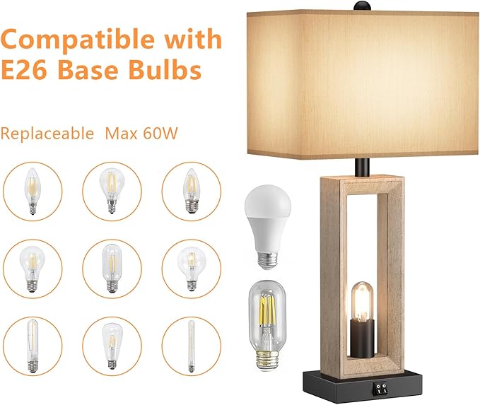 Table Lamps for Living Room,Modern Farmhouse Decor Lamps with USB A+C Port & Nightlight,25" Rustic 3-Way Dimmable Bedside Lamps,Oat Shade Touch Nightstand Lamp for Bedroom,2 LED Bulbs