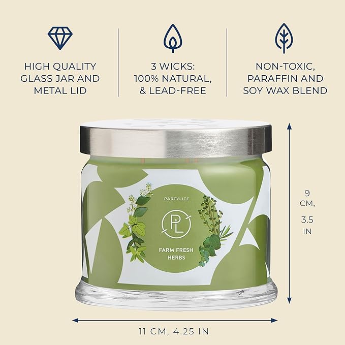 PartyLite Farm Fresh Herbs Scented, Notes of Eucalyptus, Thyme, Garden Mint, Cedarwood & Patchouli, 13.2oz 3-Wick Jar Candle, 45 Hour Burn Time, Luxurious Fragrance, Ideal for Gifting