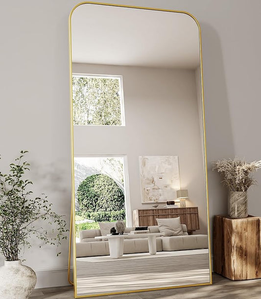 Koonmi Full Length Mirror, 80"x36" Mirror Full Length with Stand, Gold Domed Top Square-Edged Floor Mirror with Aluminum Alloy Frame for Bedroom Living Room