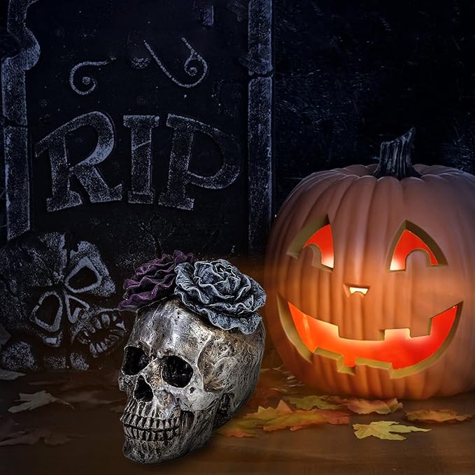 WENYLE Halloween Skull Statues Home Decor Day of Dead Purple Grey Rose Silver Skull Resin Figurine Flower Skull Decor 7.25" L