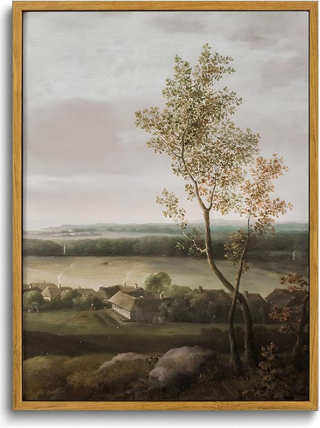 KISSFOX Vintage Farmhouse Landscape Canvas Wall Art Fall Rustic Countryside Framed Wall Art Autumn Cottagecore French Country Scenic Tree Art Prints Artwork For Living Room Bedroom Kitchen