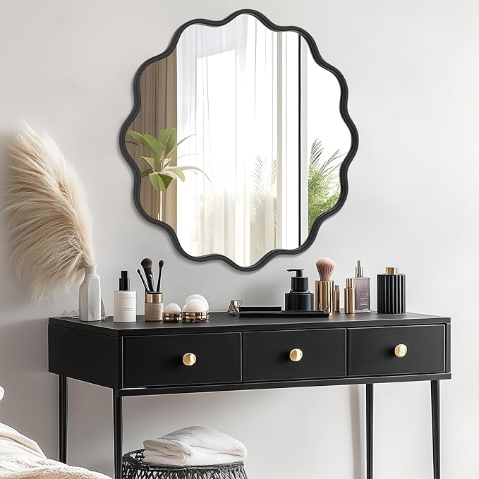 PROHOMEWARE Black Round Mirror 36 Inch Wavy Bathroom Vanity Mirror Black Frame Modern Wall Mirror Decorative Wall-Mounte Anti-Rust, Tempered Glass