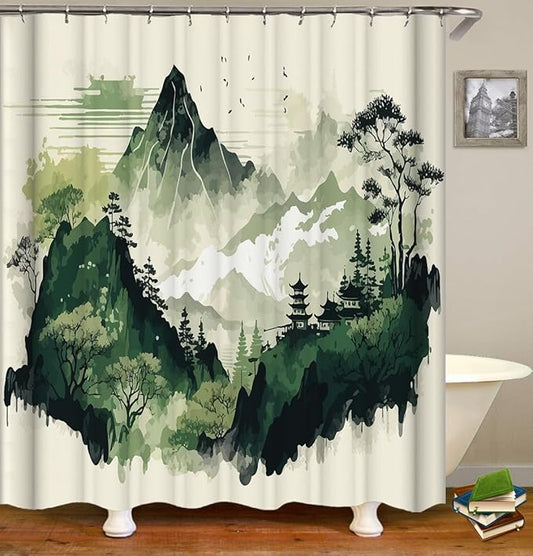 Domoku Dark Green Abstract Misty Forest Shower Curtain Set, Vintage Painting Style Tree Mountain Woodland Art, Waterproof Fabric Washable Hooked, 72" 72