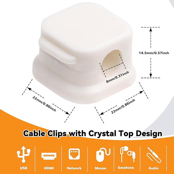 8 Pack Cable Management Clips Home Office Desk Cord Keeper Organizer Accessories Charger Organizer Cord Holder for Nightstand (White)