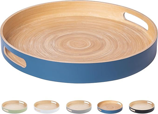 Spun Bamboo Round Wooden Tray, Blue, 13.75 Inches