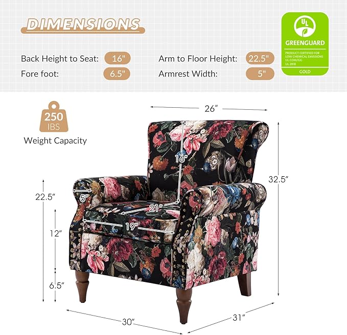 HULALA HOME Modern Wingback Accent Chair with Wood Legs & Removable Cushion, Comfy Upholstered Armchair with Nailhead Trim, Floral Pattern Single Sofa Chair for Living Room Bedroom, Black
