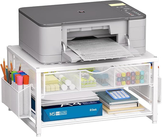 Marbrasse Metal Printer Stand for Desk with Storage Drawer and 2 Pen Holders, 2-Tier Desktop Organizer Printer Table for Home Office, Multi-Purpose Desk Organizer for Fax Machine Scanner Files(White)