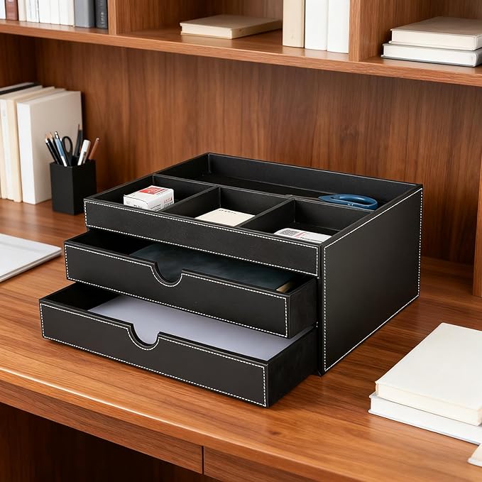 Household Multifunctional Desktop Storage Cabinet, Office file Cabinet Made of Leather, Drawers and Four Separate Organizers, Storage Box on the Bedside Table in the Room (black)