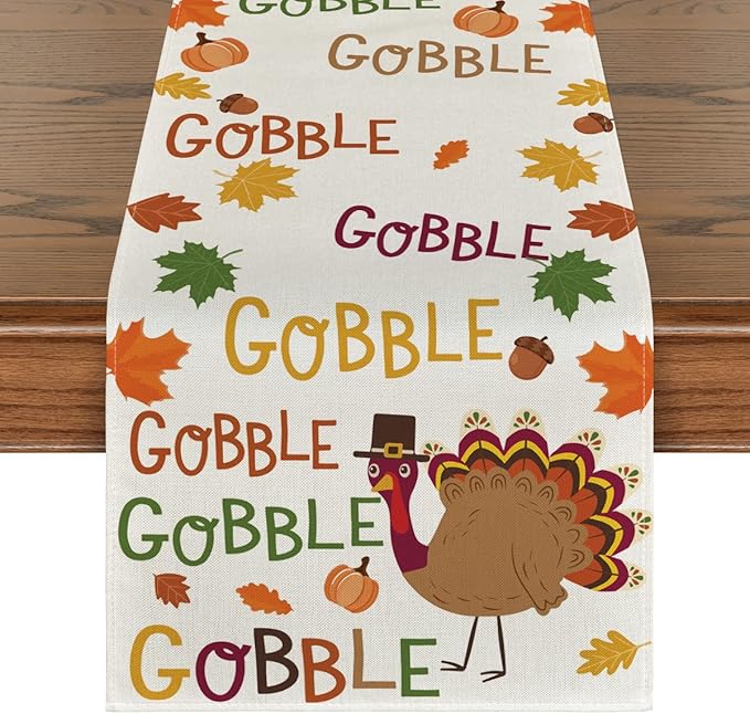 Artoid Mode Gobble Turkey Maple Leaves Thanksgiving Table Runner, Seasonal Fall Harvest Holiday Kitchen Dining Table Decoration for Indoor Outdoor Home Party Decor 13 x 72 Inch