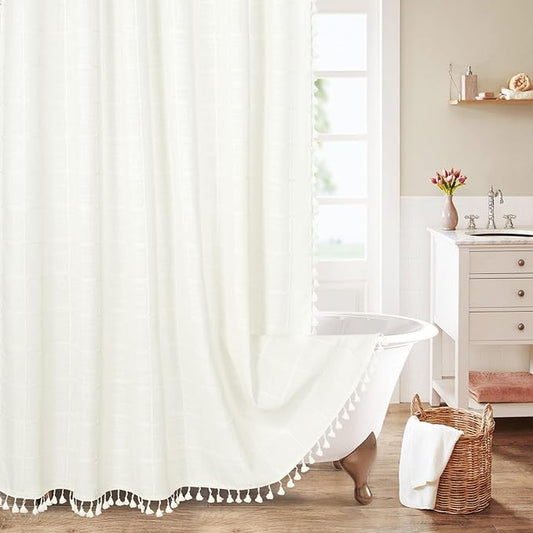 MitoVilla Modern Farmhouse Shower Curtain Set, Off White Boho Cloth Shower Curtains for Country Bathroom Decor, Ivory Vintage Rustic Thick Linen Fabric Shower Curtain with Tassel, 72 x 72